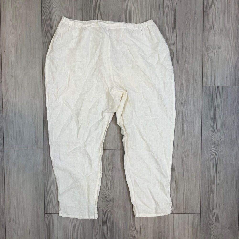 Flax White 100% Linen Elastic Waist Tapered Leg Pants Large Made in Lithuania